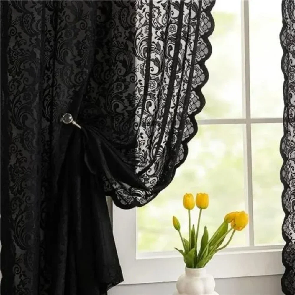 Pack of 2 Black Lace Vintage Floral Sheer Curtain Panels